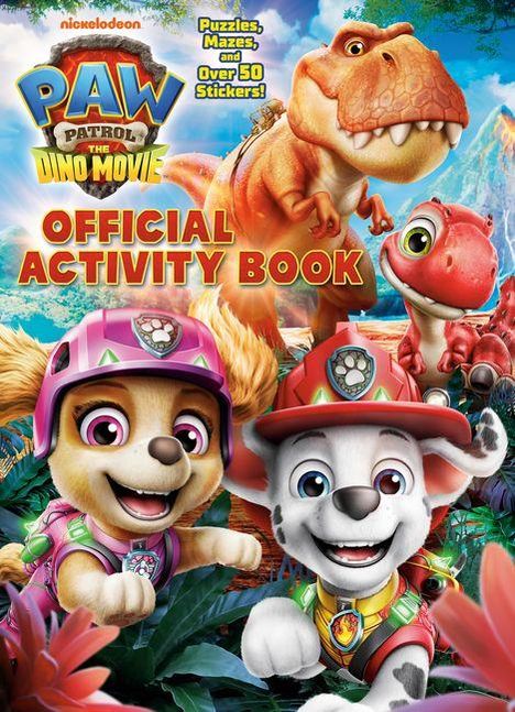 "PAW Patrol: The Dino Movie - Official Activity Book." Zwei fröhliche Hunde in Helmen, umgeben von Dinosauriern.