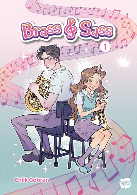 "Brass & Sass", Enlik Gobran. Zwei junge Menschen mit Instrumenten, umgeben von Noten und funkelnden Effekten.