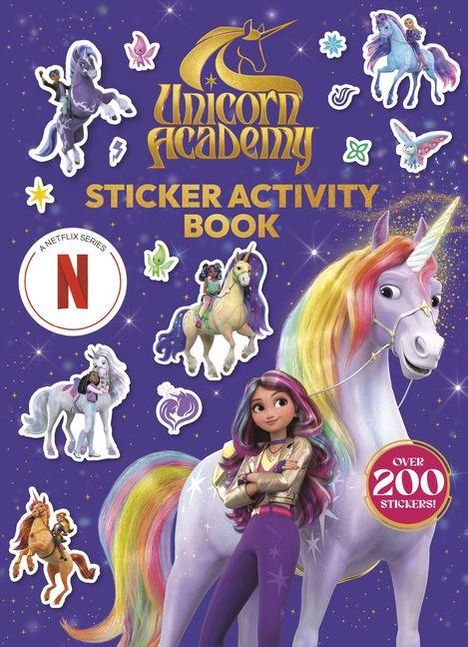 „Unicorn Academy Sticker Activity Book.“ Mehrere Einhörner, Mädchen und Aufkleber auf lila Hintergrund. Logo einer Serie.
