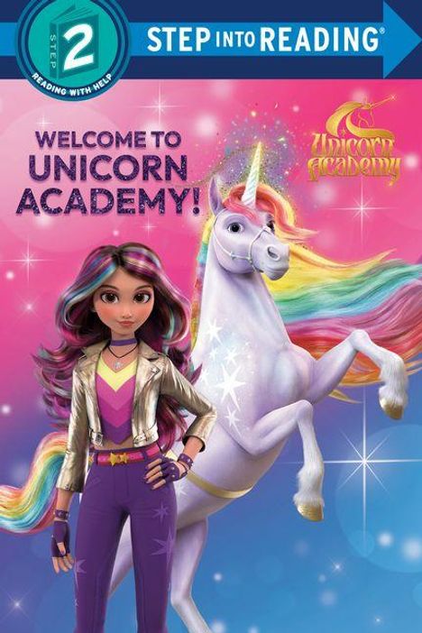 „WELCOME TO UNICORN ACADEMY!“ Ein farbenfrohes Einhorn steht aufrecht neben einem Mädchen mit buntem Haar.