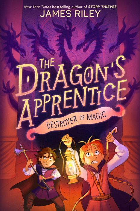 "The Dragon's Apprentice: Destroyer of Magic", zwei mutige Charaktere, einer mit Laterne, der andere mit Axt, vor Drachenwand.