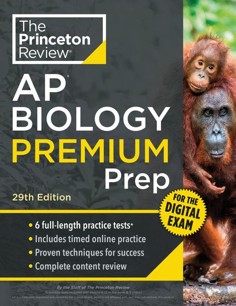"The Princeton Review AP Biology Premium Prep, 29th Edition; 6 practice tests, online practice, techniques, content review."  
Links Text, rechts Orang-Utans.