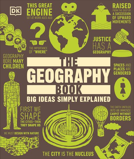 Titel: "THE GEOGRAPHY BOOK"; Untertitel: "BIG IDEAS SIMPLY EXPLAINED"; grüne Illustrationen auf braunem Hintergrund.