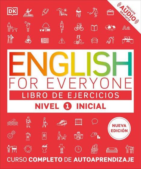 "ENGLISH FOR EVERYONE. Libro de ejercicios. Nivel 1 inicial. Nueva edición." Rotes Cover mit kleinen Icons.