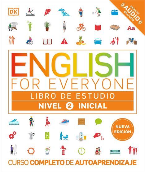 "English for Everyone: Libro de estudio, Nivel 2, Inicial. Nueva edición." Oben und unten farbige Symbole und Illustrationen.