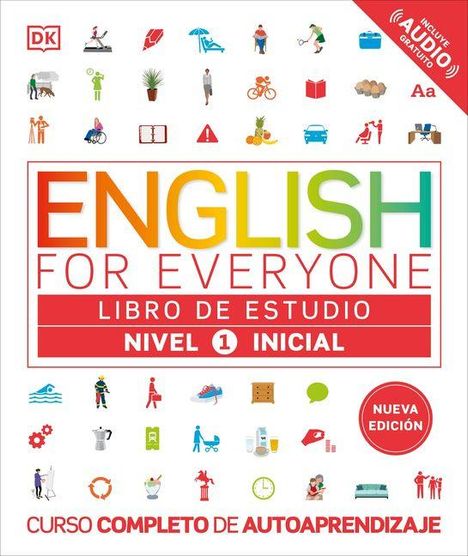 "ENGLISH FOR EVERYONE, LIBRO DE ESTUDIO, NIVEL 1 INICIAL, NUEVA EDICIÓN" mit verschiedenen bunten Ikonen.