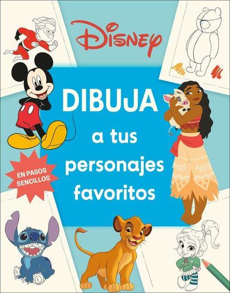 "Dibuja a tus personajes favoritos." Zeichenvorlagen von Disney-Figuren, darunter Mickey und andere animierte Charaktere.