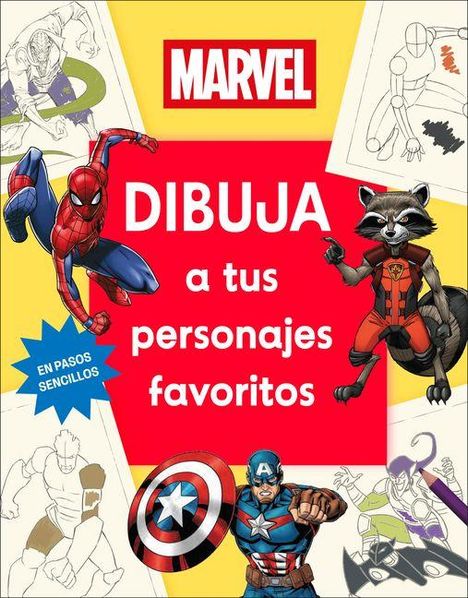 „Dibuja a tus personajes favoritos“, Marvel-Logo oben. Spiderman, Rocket und Captain America in illustrativem Stil.