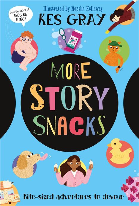 Text: "MORE STORY SNACKS", "Bite-sized adventures to devour". Bunte Illustrationen von Tieren und Kindern auf hellblauem Hintergrund.