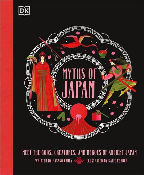 "Myths of Japan" in rosa Schrift, umgeben von roten Figuren, Blumen, Berg und geometrischem Muster.