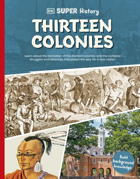 Titel: "THIRTEEN COLONIES". Unten: "Build background knowledge". Illustration von historischen Szenen und Gebäuden.