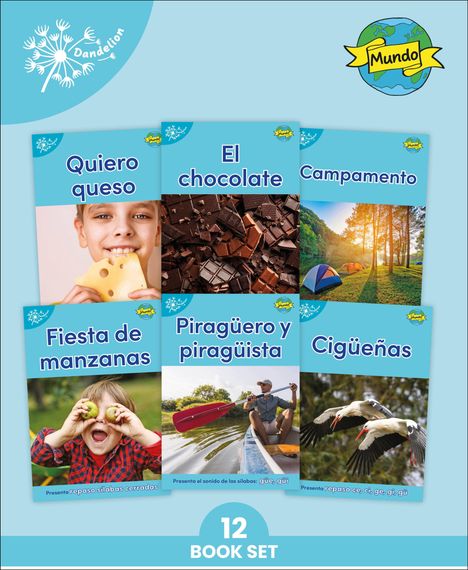 Logo mit Löwenzahn oben links. Titel mehrerer Bücher, darunter "Quiero queso", "El chocolate" und andere auf spanisch.
