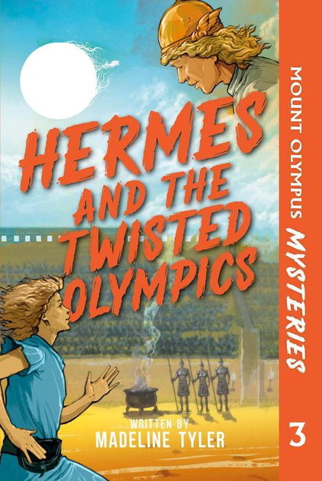 „HERMES AND THE TWISTED OLYMPICS“ in orangen Buchstaben, Illustration eines rennenden Mannes und einer Figur mit Helm.