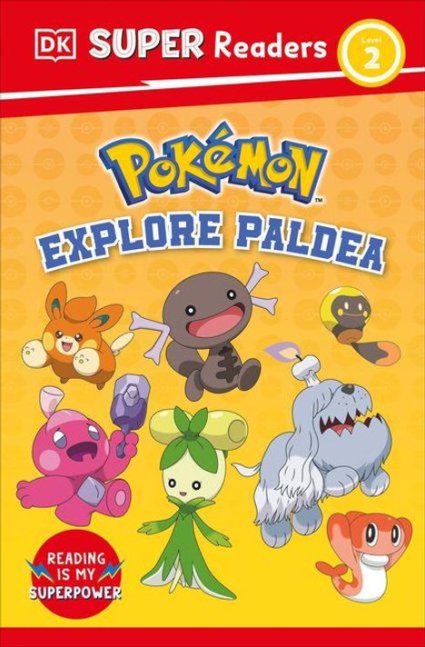„DK Super Readers Level 2“, „Pokémon Explore Paldea“. Verschiedene bunte Pokémon sind fröhlich abgebildet.
