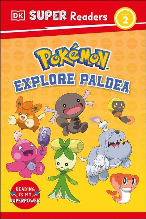 "SUPER Readers Level 2", "Pokémon Explore Paldea". Verschiedene Pokémon tanzen fröhlich auf gelbem Hintergrund.