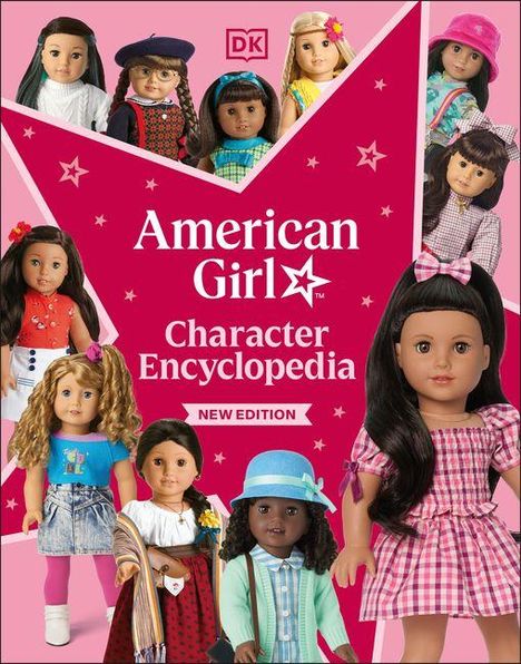 "American Girl Character Encyclopedia" auf pinkem Hintergrund mit verschiedenen Puppen in bunter Kleidung.