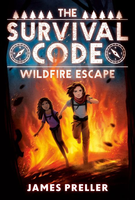 "THE SURVIVAL CODE: WILDFIRE ESCAPE" von James Preller. Illustration: Zwei Kinder fliehen aus einem Waldbrand.