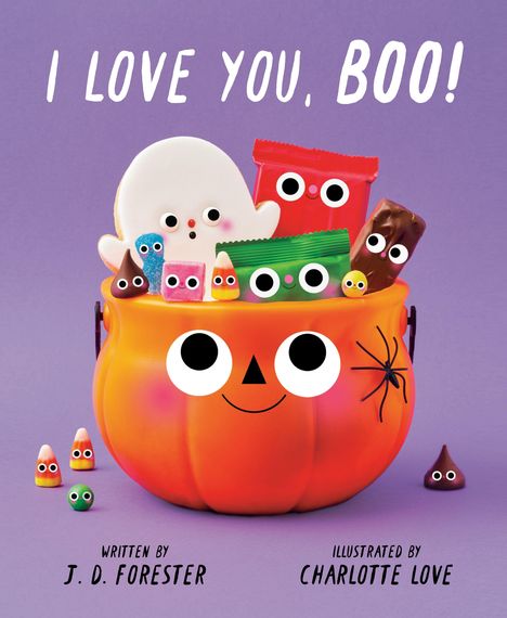 Text: "I LOVE YOU, BOO!" Illustration zeigt einen Kürbiseimer voll mit Süßigkeiten mit Augen und Gesichtern.