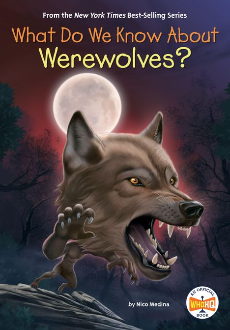 "What Do We Know About Werewolves?" Illustration eines Wolfes mit geöffnetem Maul vor einem Vollmond.