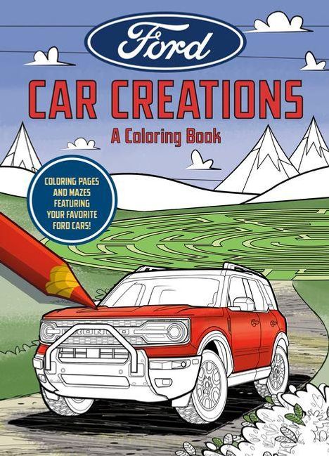„CAR CREATIONS: A Coloring Book“ in großen Buchstaben. Rotes Auto und Berglandschaft im Hintergrund.