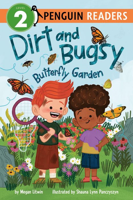 Der Text „Dirt and Bugsy Butterfly Garden“. Zwei lachende Kinder mit Schmetterlingen und einem Netz im bunten Garten.