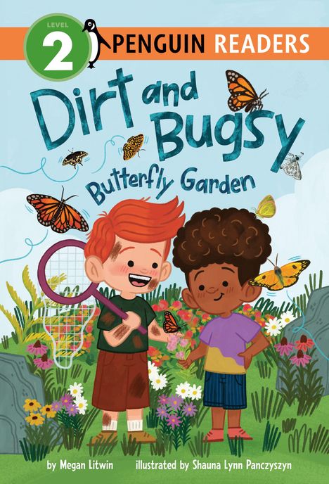 „Level 2 Penguin Readers. Dirt and Bugsy: Butterfly Garden.” Zwei lächelnde Kinder in einem Garten mit Schmetterlingen.