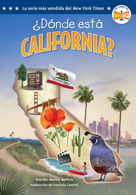 Der Text lautet: "¿Dónde está CALIFORNIA?", "Redwood National and State Parks". Illustration der Karte Kaliforniens mit Motiven.