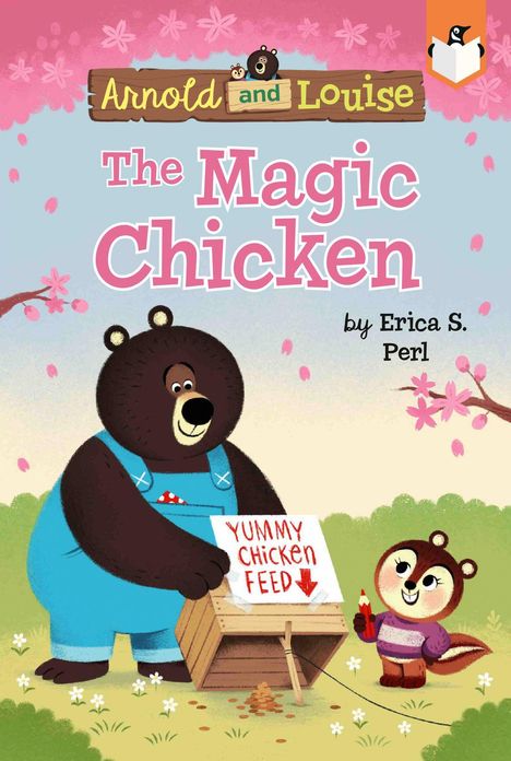 "Yummy Chicken Feed" auf Kiste geschrieben. Ein Bär und ein Streifenhörnchen stehen auf einer Wiese unter Kirschblüten.