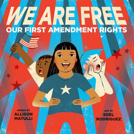 "We Are Free: Our First Amendment Rights." Illustration mit drei fröhlichen Kindern und US-Flagge.