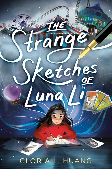 Die Worte „The Strange Sketches of Luna Li“ und „Gloria L. Huang“ sind in leuchtenden Buchstaben. Eine Zeichnerin am Tisch.