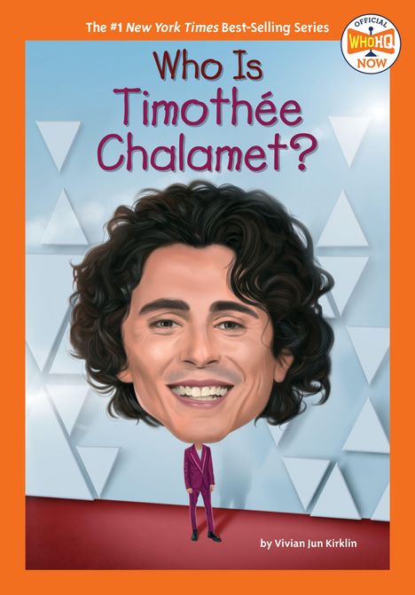 "Who is Timothée Chalamet?" Karikatur eines Mannes mit lockigem Haar in lila Anzug, lächelnd.