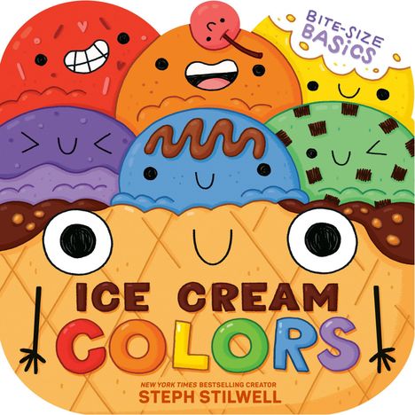 "Bite-Size Basics" und "Ice Cream Colors". Illustration von buntem Eis in Waffel mit freundlichen Gesichtern.