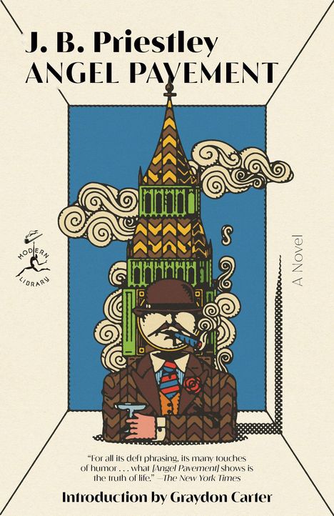 Text: "J. B. Priestley, Angel Pavement, A Novel, Introduction by Graydon Carter." Illustration: Mann mit Zigarre und Cocktail.