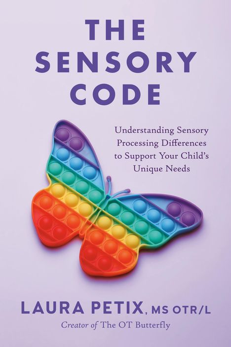 „THE SENSORY CODE“, Text über sensorische Unterschiede. Bunter Schmetterling in Regenbogenfarben.