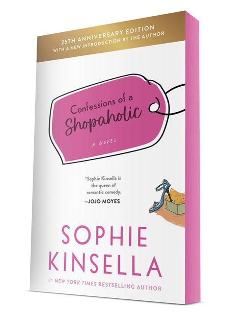 „Confessions of a Shopaholic“ steht groß auf dem Buchcover. Darunter „Sophie Kinsella“. Ein pinkes Design mit Einkaufsmotiv.