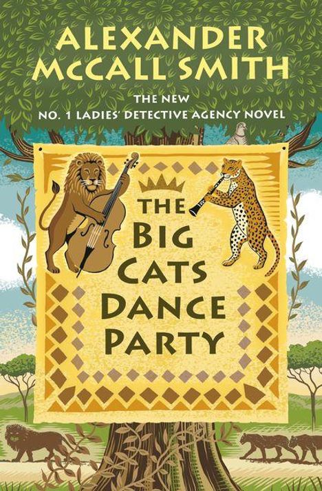"The Big Cats Dance Party" steht in der Mitte. Oben spielen ein Löwe Kontrabass und ein Leopard Klarinette.