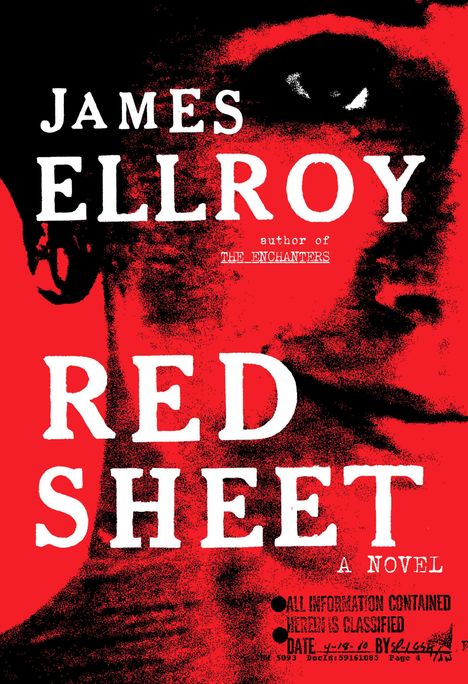 "James Ellroy, author of The Enchanters. Red Sheet, a novel." Roter Hintergrund, stilisiertes Gesicht im Hintergrund.
