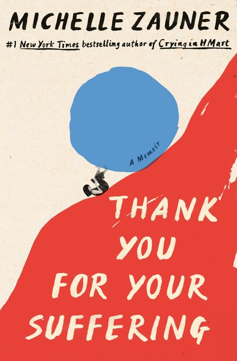 Text „THANK YOU FOR YOUR SUFFERING“, ein blaues Feld, rote Fläche darunter mit weißem Text. Eine Person trägt eine Last.
