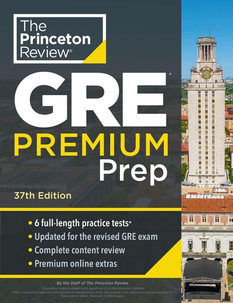 "GRE PREMIUM Prep, 37th Edition. 6 practice tests, updated GRE exam, complete review, online extras." Links Logo, rechts Turm.