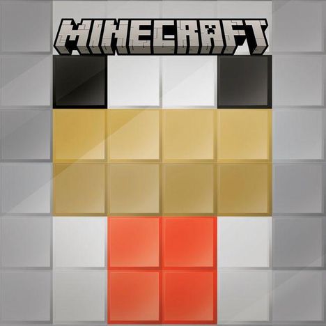 "Minecraft" Text oben. Ein Logo mit Pixel-Design in grau, schwarz, weiß, gelb, orange und rot.