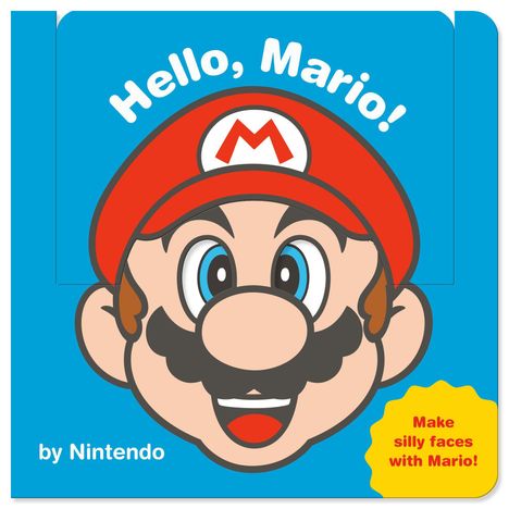 "Hello, Mario!" und "Make silly faces with Mario!" mit Mütze und Schnurrbart auf blauem Hintergrund.