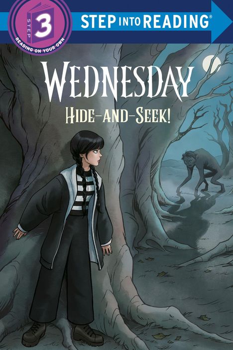 Text: "Wednesday Hide-and-Seek!" Illustration: Ein Mädchen mit Zöpfen versteckt sich hinter einem Baum, ein unheimliches Wesen beobachtet.