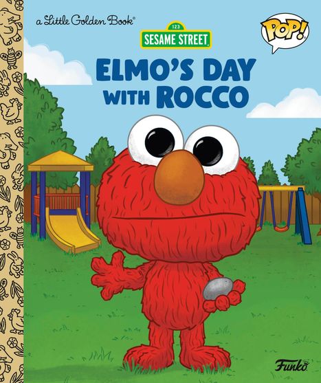 Text: "Elmo's Day with Rocco". Illustration eines roten Charakters in einem Garten mit Spielplatz und gelber Rutsche.