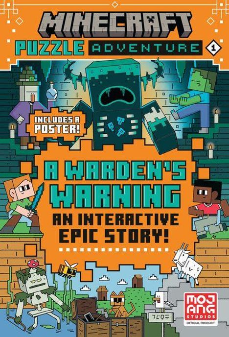 „Minecraft Puzzle Adventure: A Warden's Warning“. Enthält Poster. Charaktere in Minecraft-Stil mit Waffen und Werkzeugen.