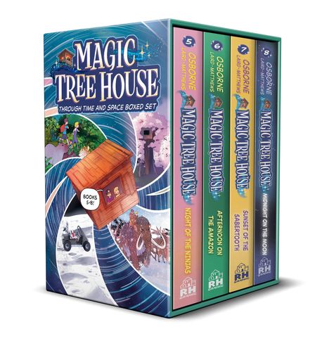 "Magic Tree House: Through Time and Space Boxed Set. Bücher 5-8." Box mit vier bunten Buchrücken und einer Illustration.