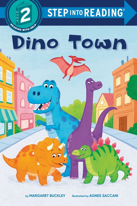 „Dino Town“ zeigt bunte Dinosaurier in einer Stadt. Ein orangefarbener Triceratops, ein blauer T-Rex und andere.