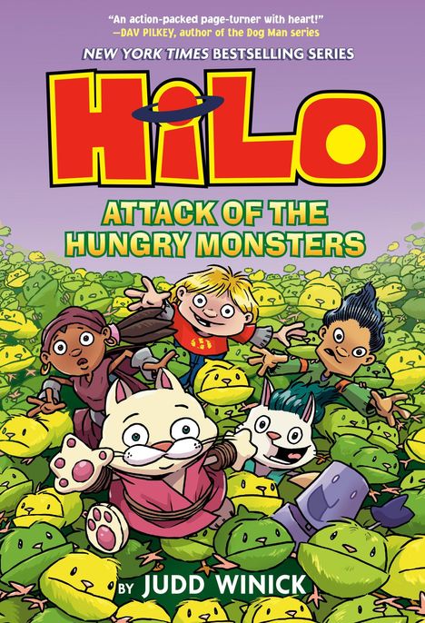 „Hilo: Attack of the Hungry Monsters“ von Judd Winick, Zeichentrickfiguren umgeben von grünen und gelben Monstern.