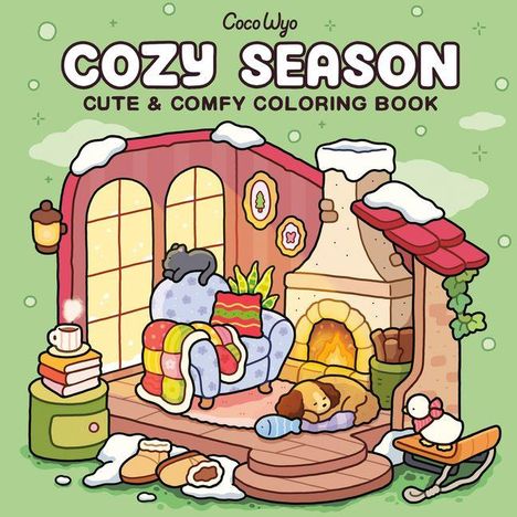 „COZY SEASON: CUTE & COMFY COLORING BOOK“ steht oben. Eine gemütliche Illustration zeigt ein Zimmer mit Kamin und Sessel.