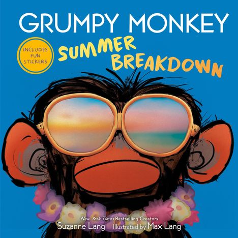 „GRUMPY MONKEY SUMMER BREAKDOWN“ steht mit gelben und weißen Buchstaben auf Blau. Ein Affe mit Sonnenbrille und Blumenkranz.