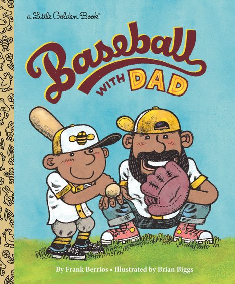 „Baseball with Dad“ in großen Buchstaben. Vater und Kind spielen Baseball im Cartoon-Stil. Fröhliche Szene.